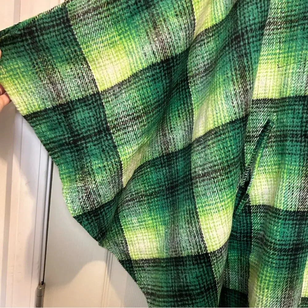 Free People Poncho Zip Woodstock Brushed Green Plaid Kelly Combo Pockets OS NWOT